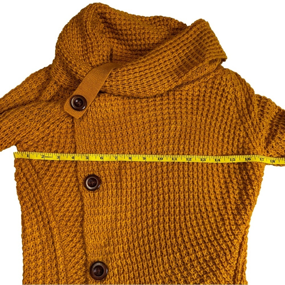 Mustard Yellow Turtle Cowl Neck Chunky Knit Sweater Size Small Asymmetrical Hem - Picture 8 of 10